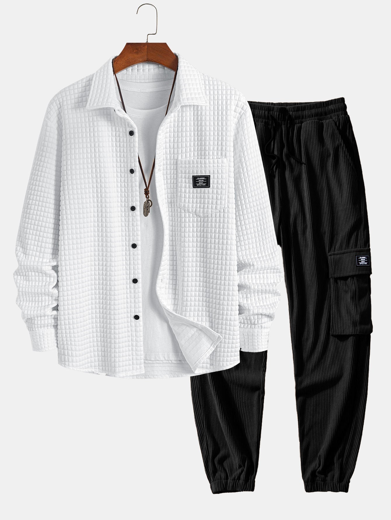 Waffle Button Up camisa e calça de corredor de carga de veludo de cordão drawtring