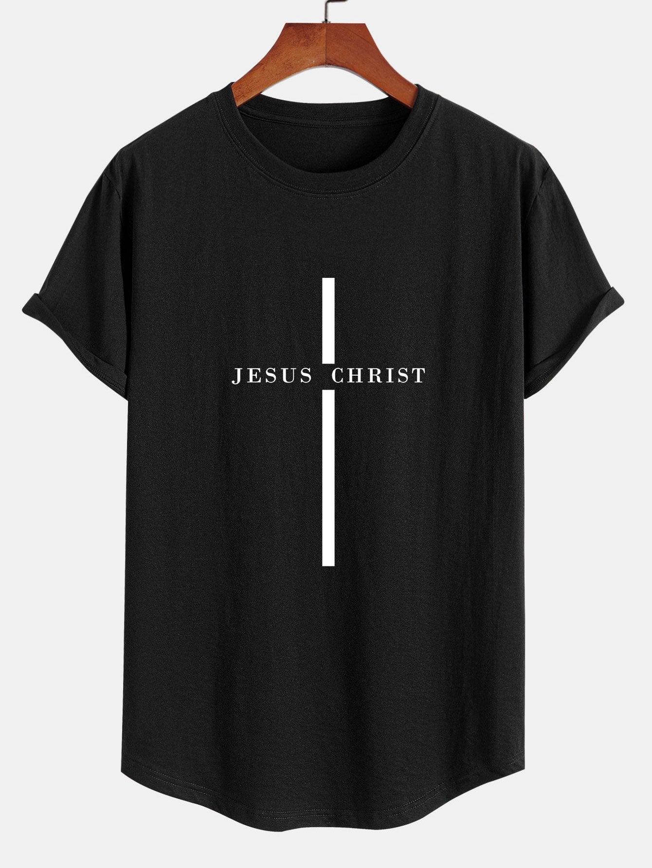 Camiseta de Algodão com Estampa Listrada Jesus Cristo com Barra Arqueada