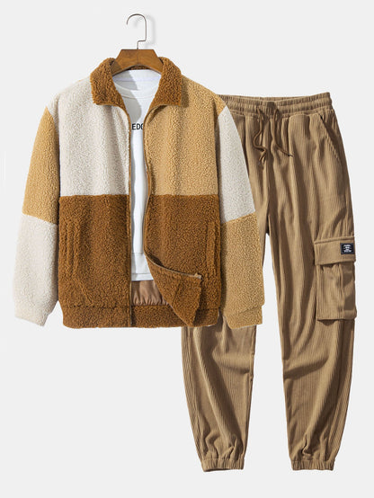 Cor Casaco de Teddy Fleece com Bloco de Cores & Calças Jogger de Corduroy com Corda
