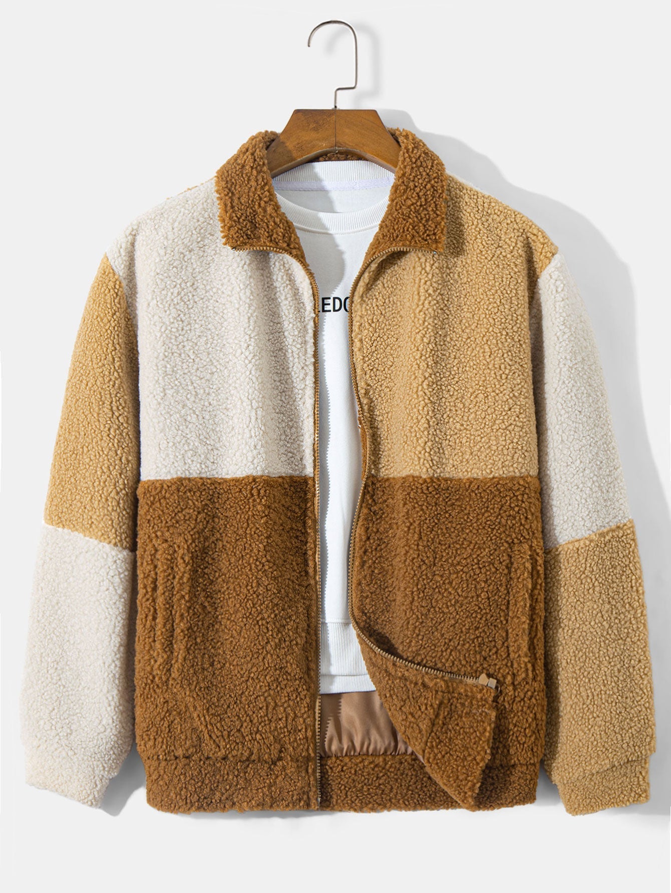 Cor Casaco de Teddy Fleece com Bloco de Cores & Calças Jogger de Corduroy com Corda