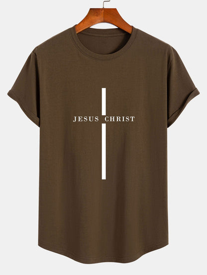 Camiseta de Algodão com Estampa Listrada Jesus Cristo com Barra Arqueada