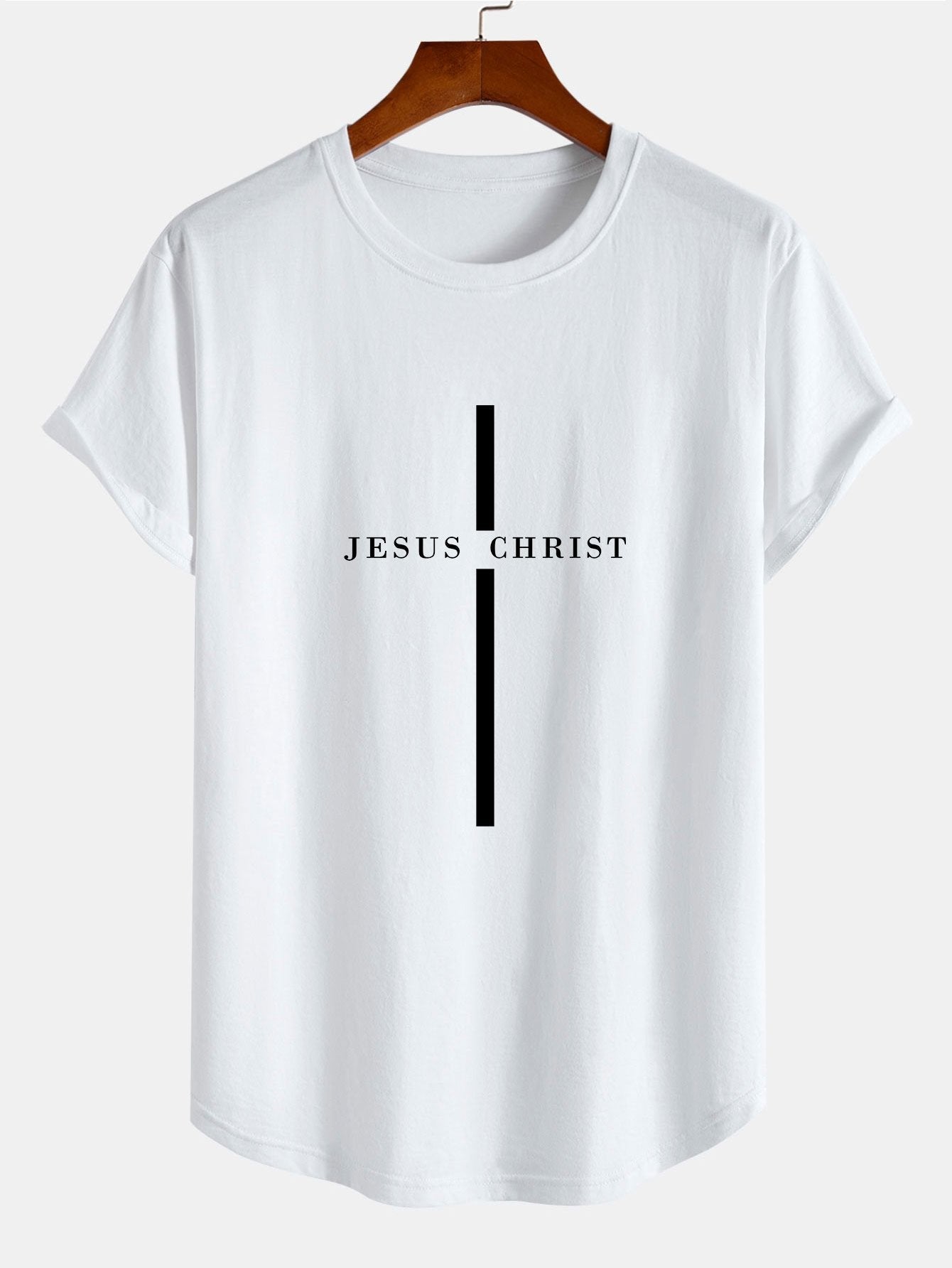 Camiseta de Algodão com Estampa Listrada Jesus Cristo com Barra Arqueada